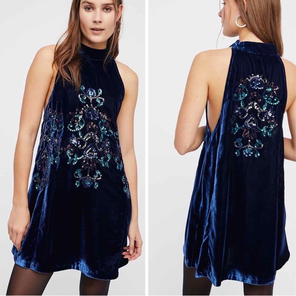 Free People Jills Sequin Swing Mini Blue Combo NWT - Picture 2 of 14